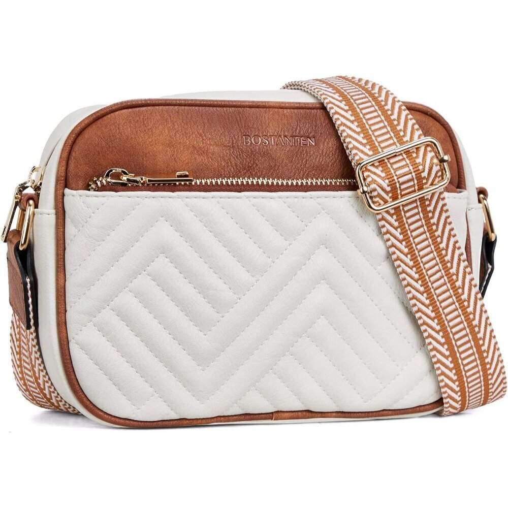 Quilted Vegan Leather Crossbody Black Bag Women Wide Strap and Shoulder Use